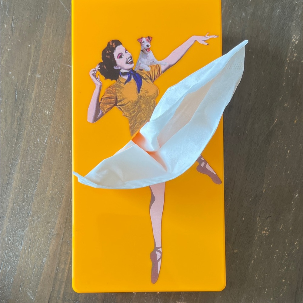 Retro Yellow “Flying skirt” Tissue Box Cover - women with dog